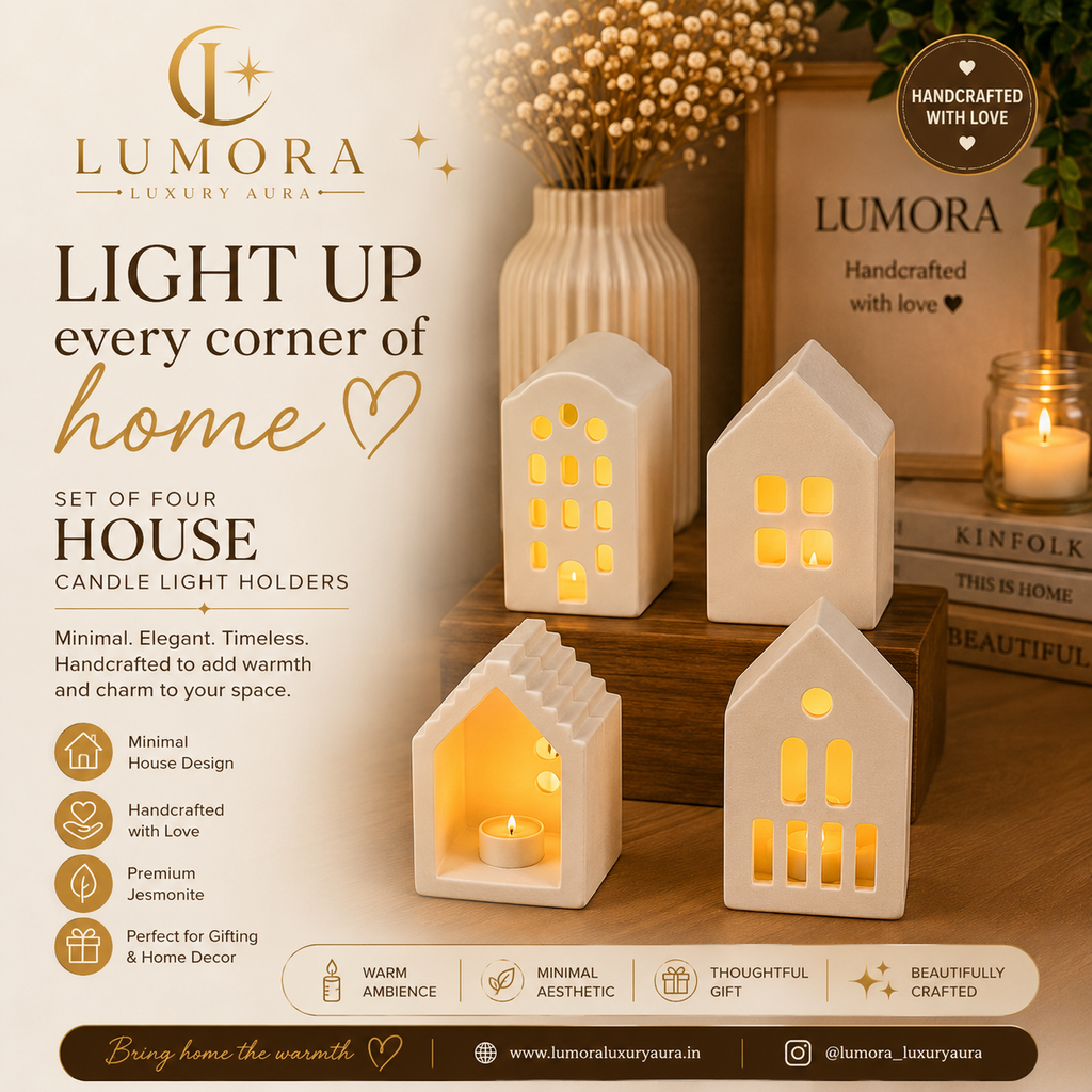 Handcrafted House Tealight Holder Set of 4 – Jesmonite Home Décor