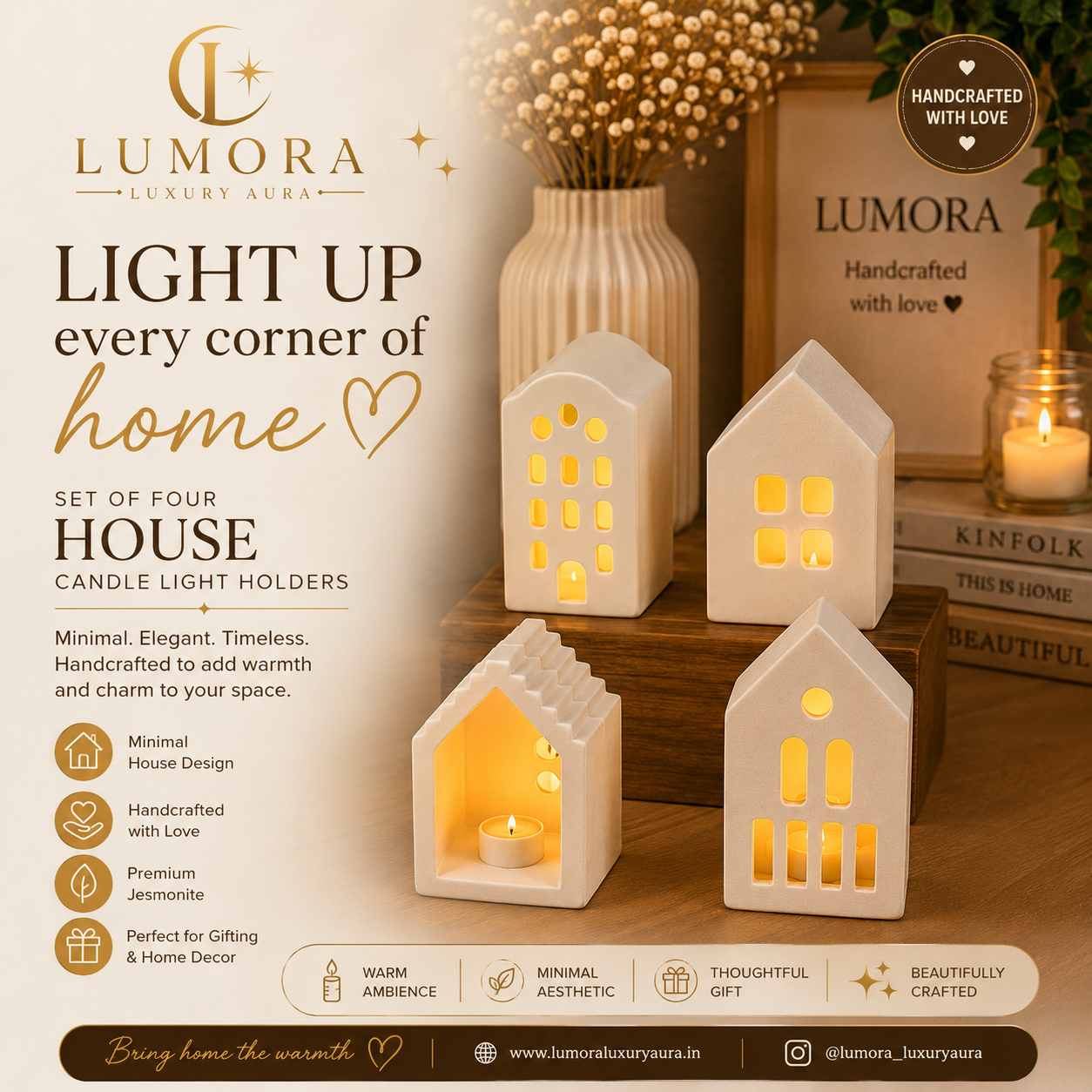 Handcrafted House Tealight Holder Set of 4 – Jesmonite Home Décor