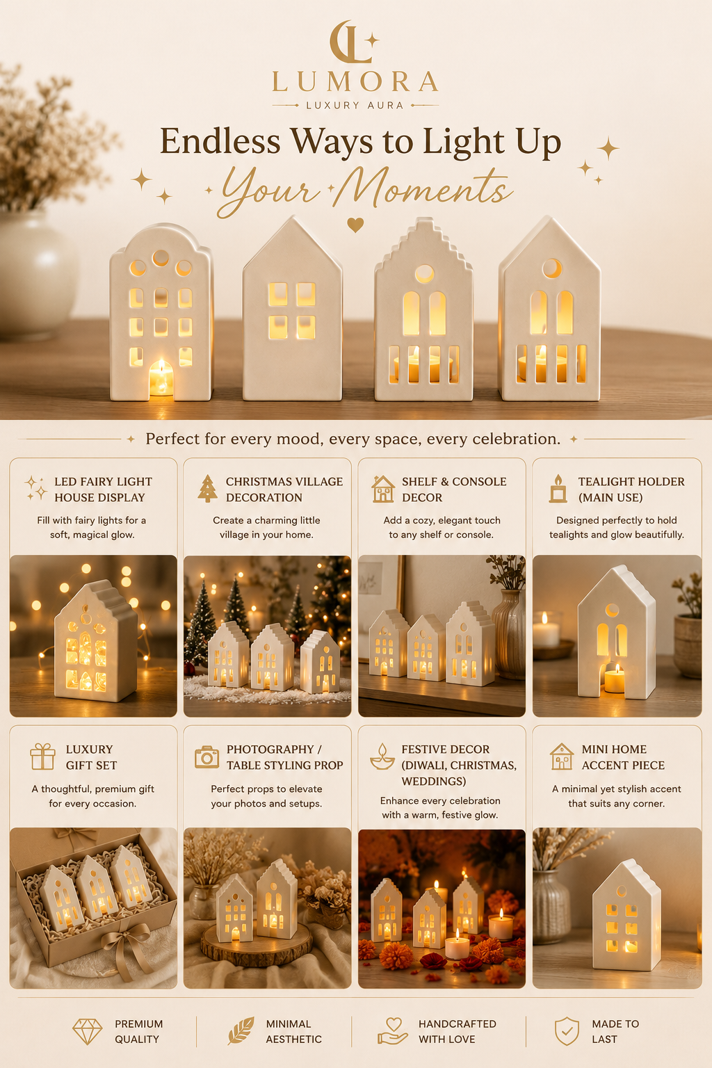 Handcrafted House Tealight Holder Set of 4 – Jesmonite Home Décor