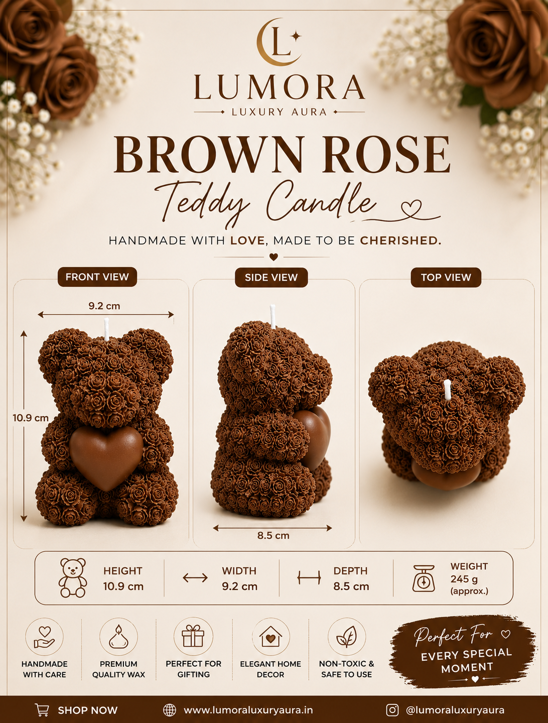 Lumora Rose Teddy Candle | Handmade Soy Wax Gift