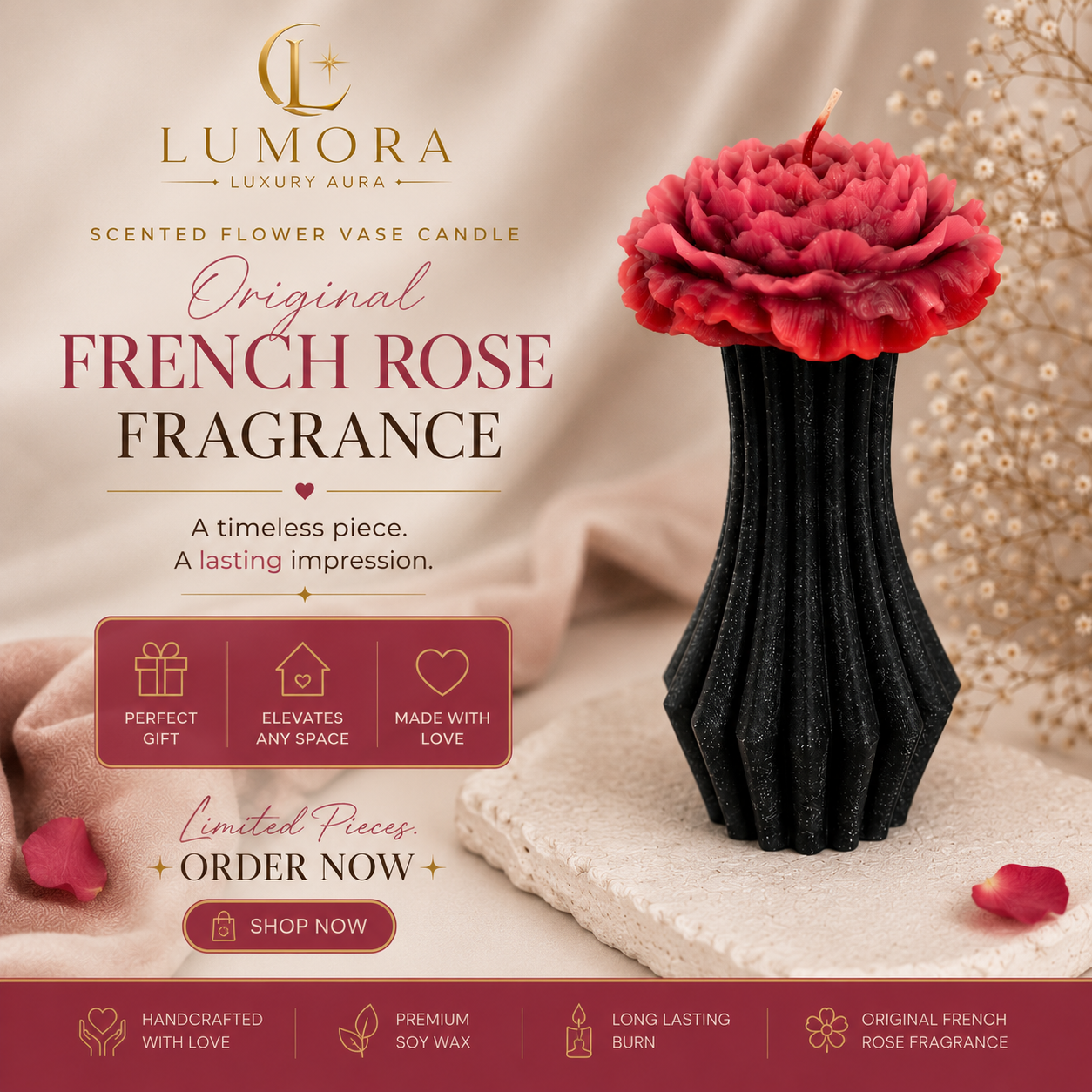 Scented Flower Vase Candle – Original French Rose