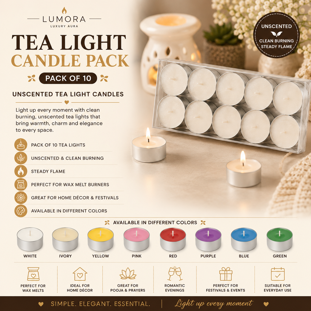 Lumora Unscented Tea Light Candles – Pack of 10