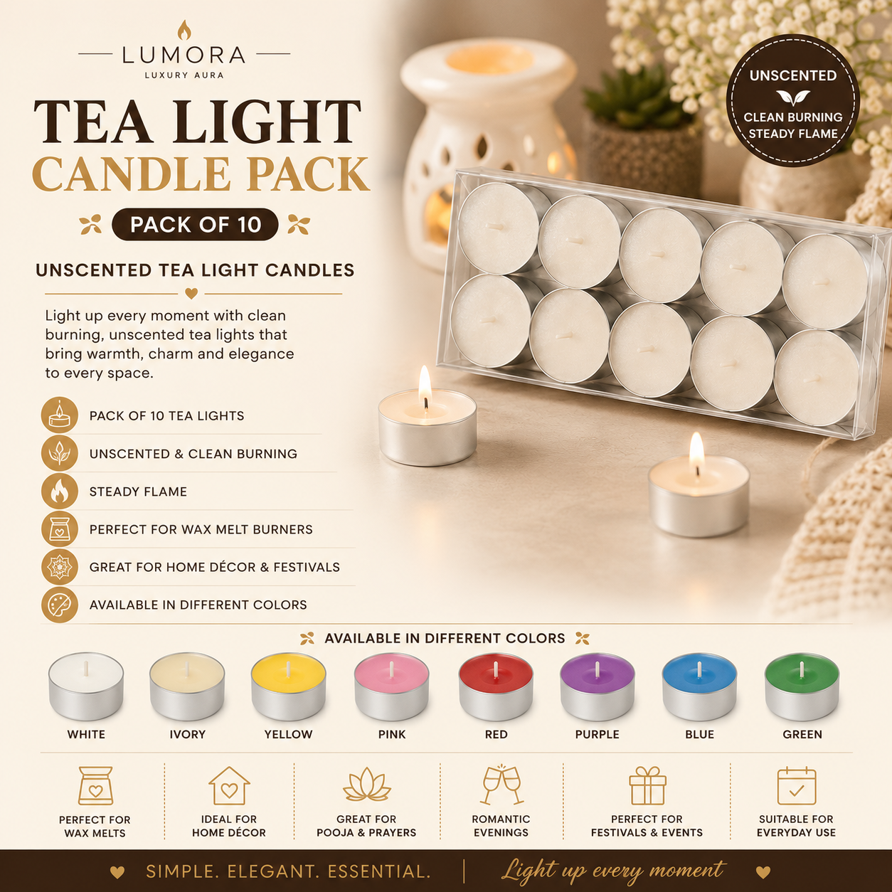 Lumora Unscented Tea Light Candles – Pack of 10