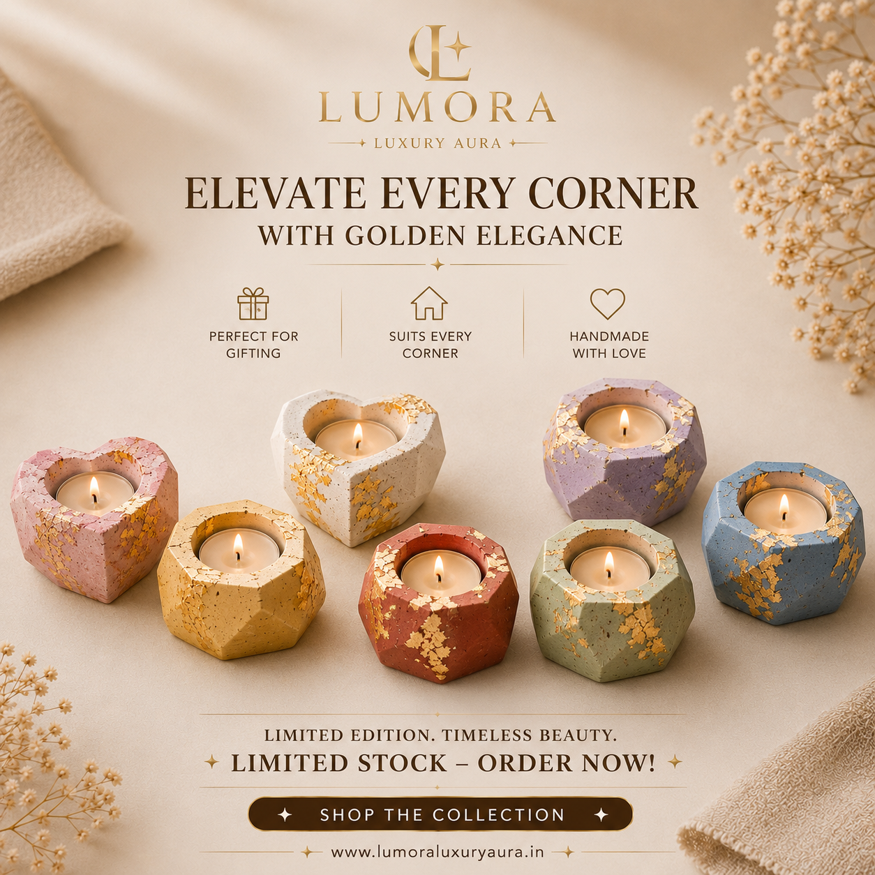 Lumora Geometric Candle Holder | Heart, Hexagon & Octagon | Gold Leaf Collection