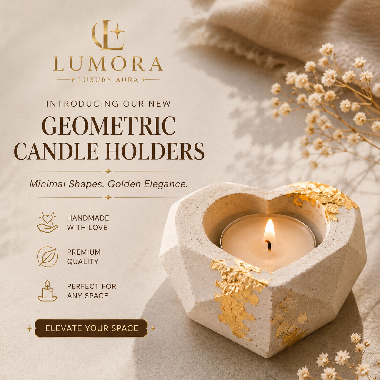 Lumora Geometric Candle Holder | Heart, Hexagon & Octagon | Gold Leaf Collection